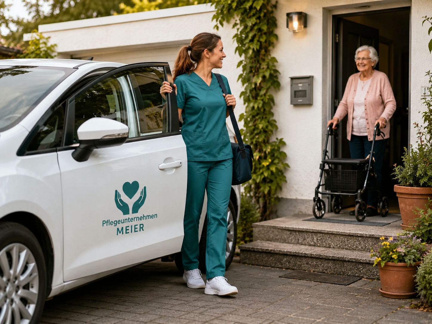 Pflegerin des Pflegedienst Meier wird von einer Seniorin an der Haustür empfangen