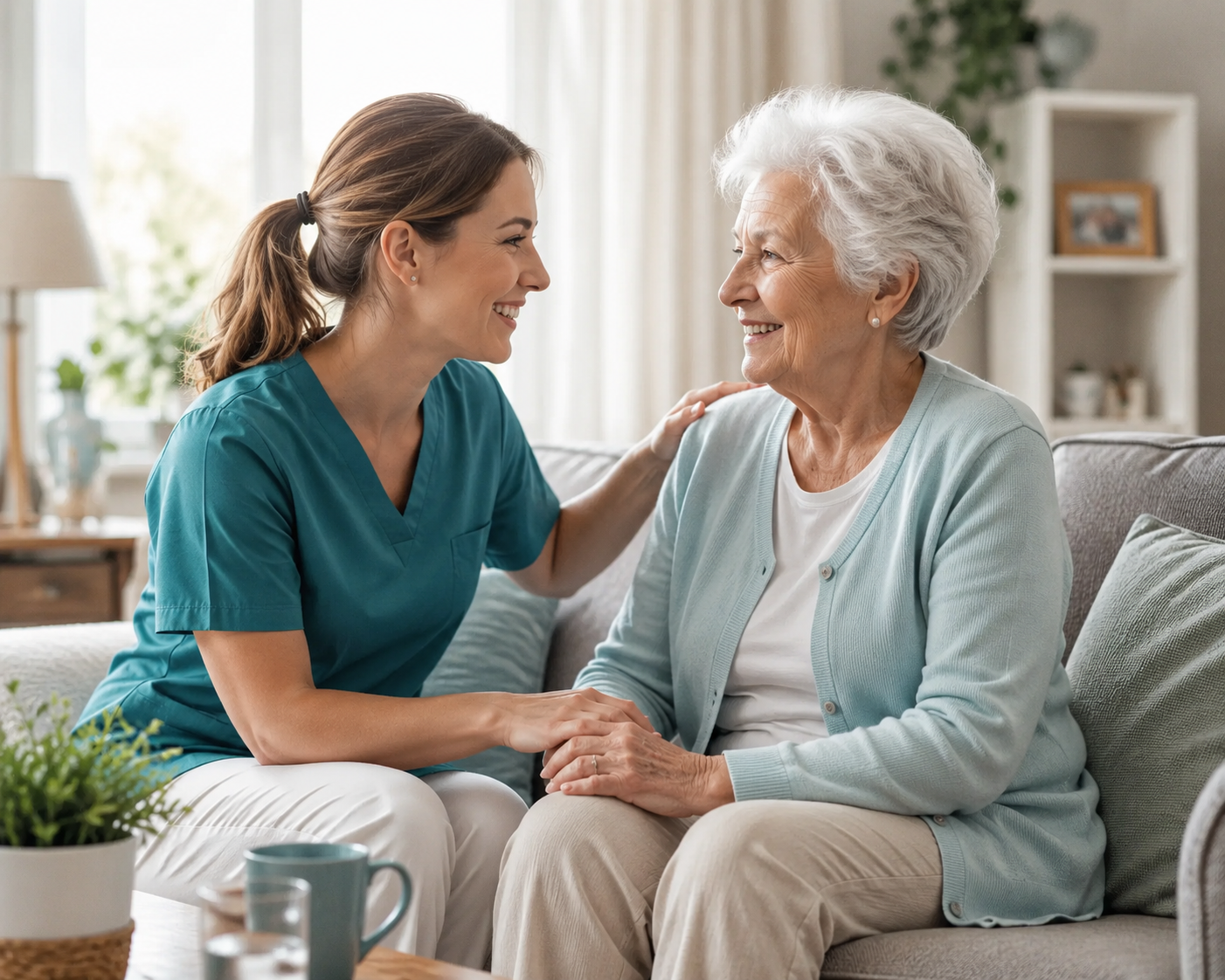 Pflegerin im Gespräch mit einer Seniorin auf dem Sofa zu Hause
